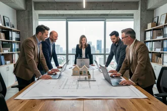 Équipe de développeurs immobiliers réunis autour d'une table avec des plans architecturaux et des maquettes dans un bureau moderne