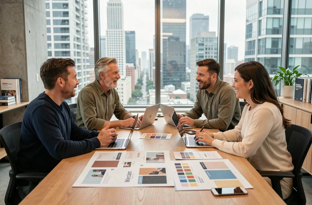 Équipe de professionnels discutant de la méthode Dekortikon autour d'une table de réunion avec des moodboards de marque