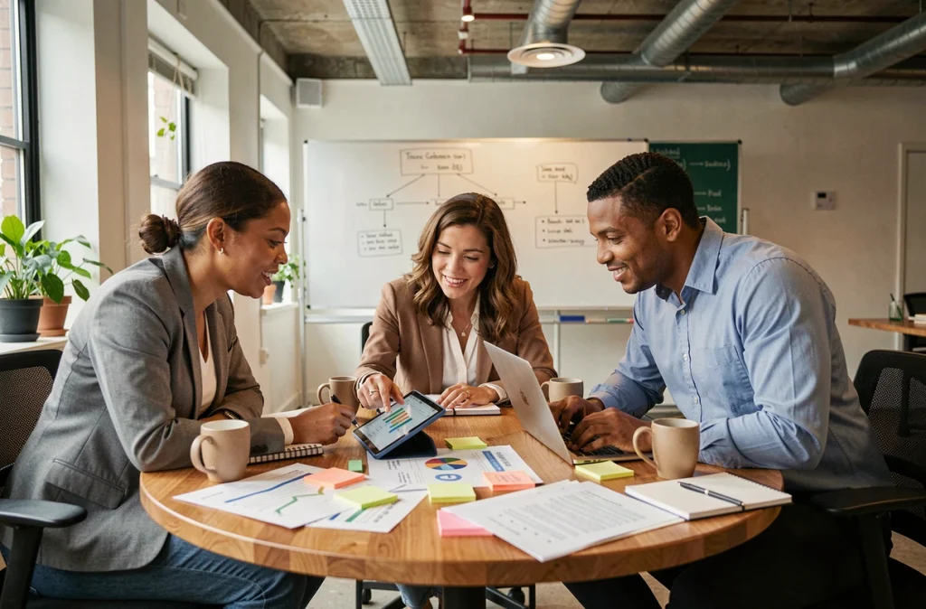 Équipe de professionnels collaborant autour d'une stratégie de partenariat B2B pour accélérer la croissance commerciale