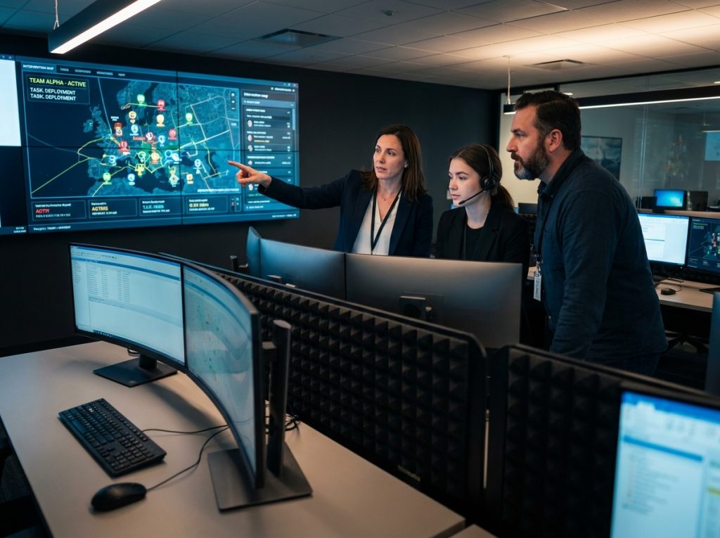 Équipe technique réunie dans une salle de pilotage analysant un tableau de bord de suivi des interventions en temps réel