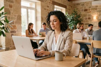 Femme travaillant dans un espace de coworking à Carcassonne avec murs en pierre apparente et mobilier moderne