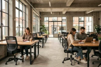 Espace de coworking moderne à Mérignac avec bureaux en bois, murs en béton et professionnels au travail sur leurs ordinateurs