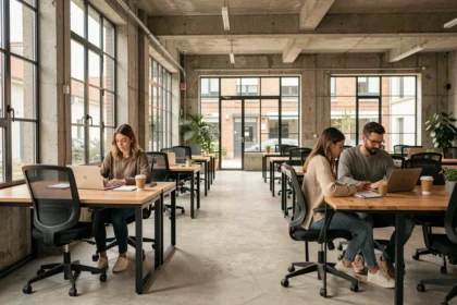 Espace de coworking moderne à Mérignac avec bureaux en bois, murs en béton et professionnels au travail sur leurs ordinateurs