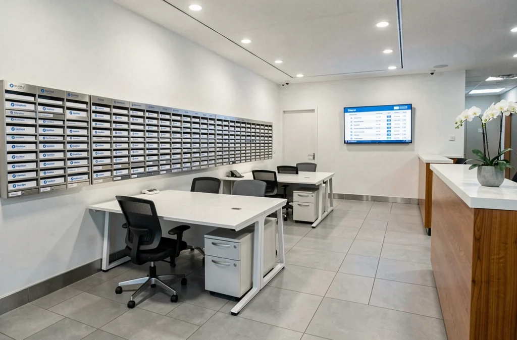 Espace de domiciliation partagé dans un centre d'affaires parisien avec des boîtes aux lettres professionnelles et un accueil moderne