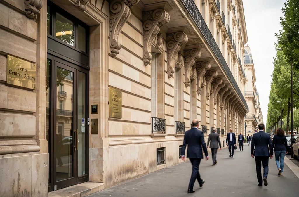 Façade haussmannienne d'un immeuble de prestige sur l'avenue des Champs-Élysées abritant un centre de domiciliation d'entreprises