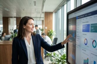 Femme d'affaires présentant un tableau de bord Dynamics 365 sur grand écran dans un bureau moderne
