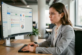 Femme professionnelle analysant un logiciel de gestion de projet sur un écran d'ordinateur dans un bureau moderne