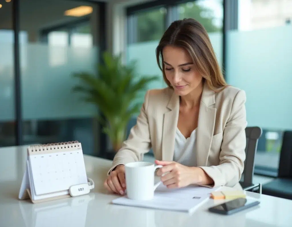 Femme professionnelle utilisant des objets publicitaires de bureau comme un mug logo et un calendrier personnalisé dans un bureau moderne