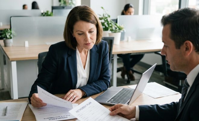 Femme consultant un conseiller financier pour un transfert d'assurance vie, documents sur le bureau