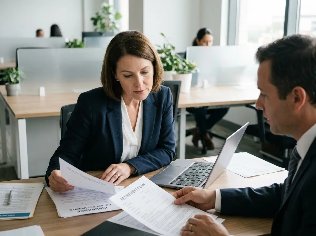 Femme consultant un conseiller financier pour un transfert d'assurance vie, documents sur le bureau