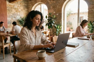 Femme travaillant dans un espace de coworking à Arles avec des murs en pierre et une ambiance méditerranéenne