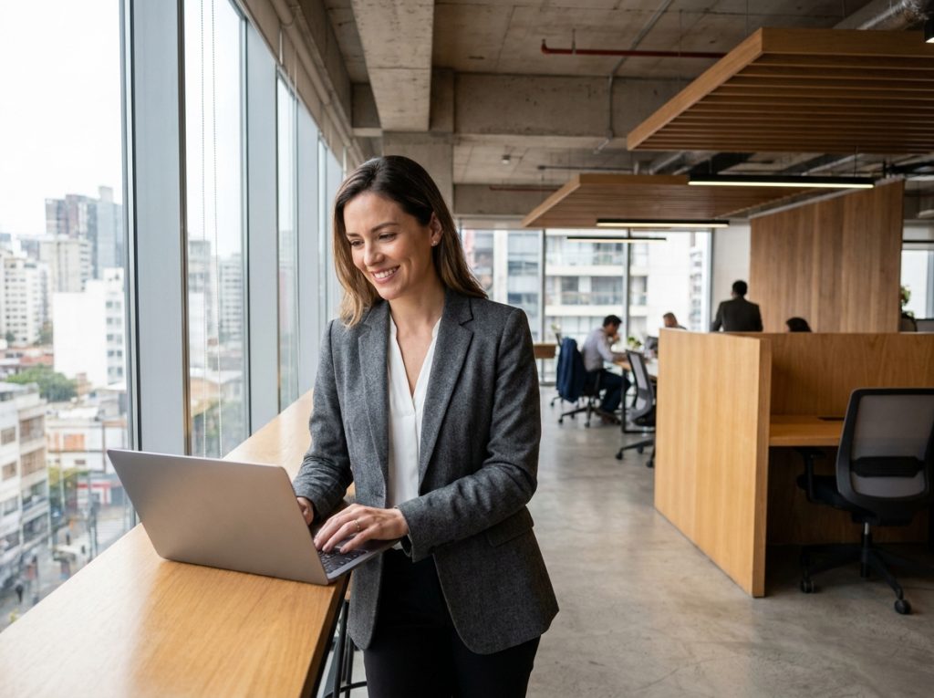 Femme entrepreneuse souriante consultant son ordinateur portable dans un espace de coworking moderne, illustrant la liberté offerte par l'externalisation des encaissements