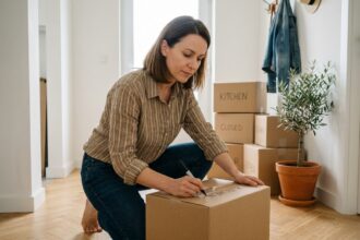 Femme organisant des cartons de déménagement étiquetés dans un couloir rangé et sans encombrement