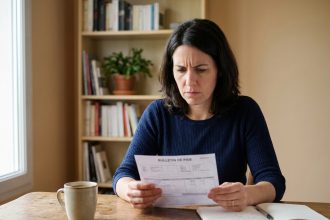 Femme consultant sa fiche de paie au SMIC net 2026 à son bureau à domicile