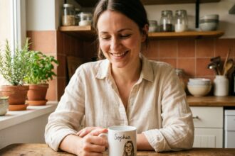 Femme tenant un mug personnalisé avec un prénom et un portrait illustré dans une cuisine rustique chaleureuse