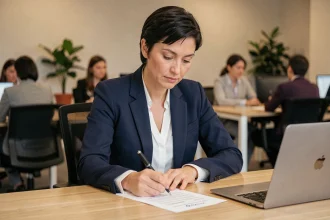Femme remplissant un questionnaire papier avec une zone de verbatim dans un bureau moderne