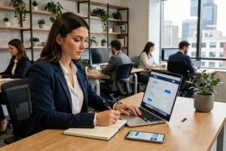 Femme professionnelle cherchant un emploi sur Rencontres-emploi.fr et les réseaux sociaux depuis son bureau en open-space