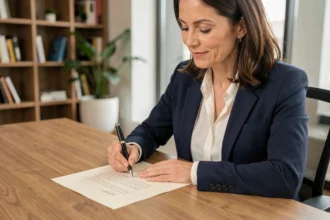 Femme professionnelle rédigeant une lettre de remerciements manuscrite sur du papier crème dans un bureau moderne