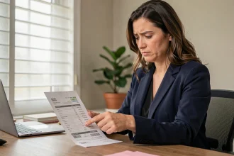 Femme examinant un relevé bancaire papier avec une ligne de paiement imprimerie nationale mise en évidence