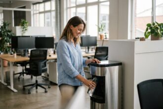 Employée remplissant un verre à la fontaine à eau dans un bureau moderne en open space