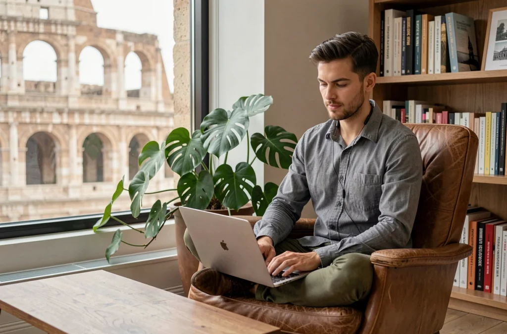 Freelance travaillant seul dans un coin détente d'un coworking à Arles avec vue sur les arènes