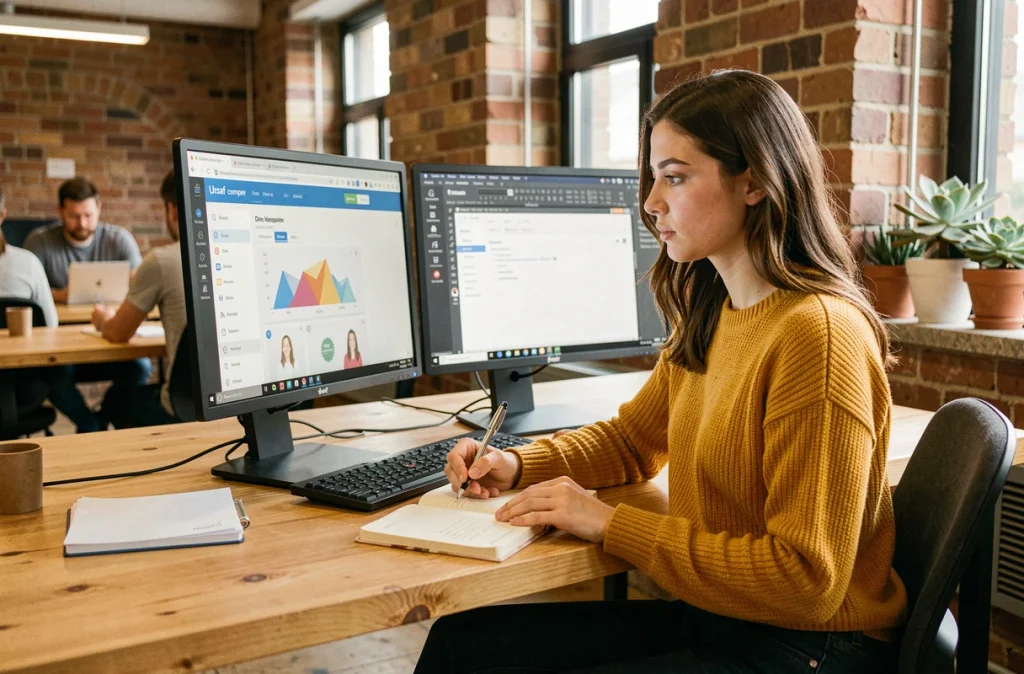 Jeune freelance consultant le tableau de bord Urssaf mon compte dans un espace de coworking