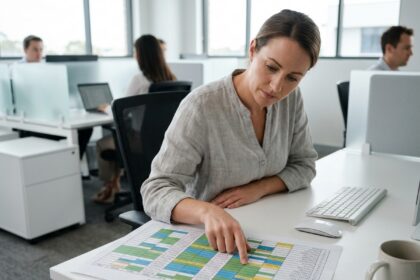 Femme en entreprise consultant un tableau Excel de gestion des congés imprimé sur son bureau en open space