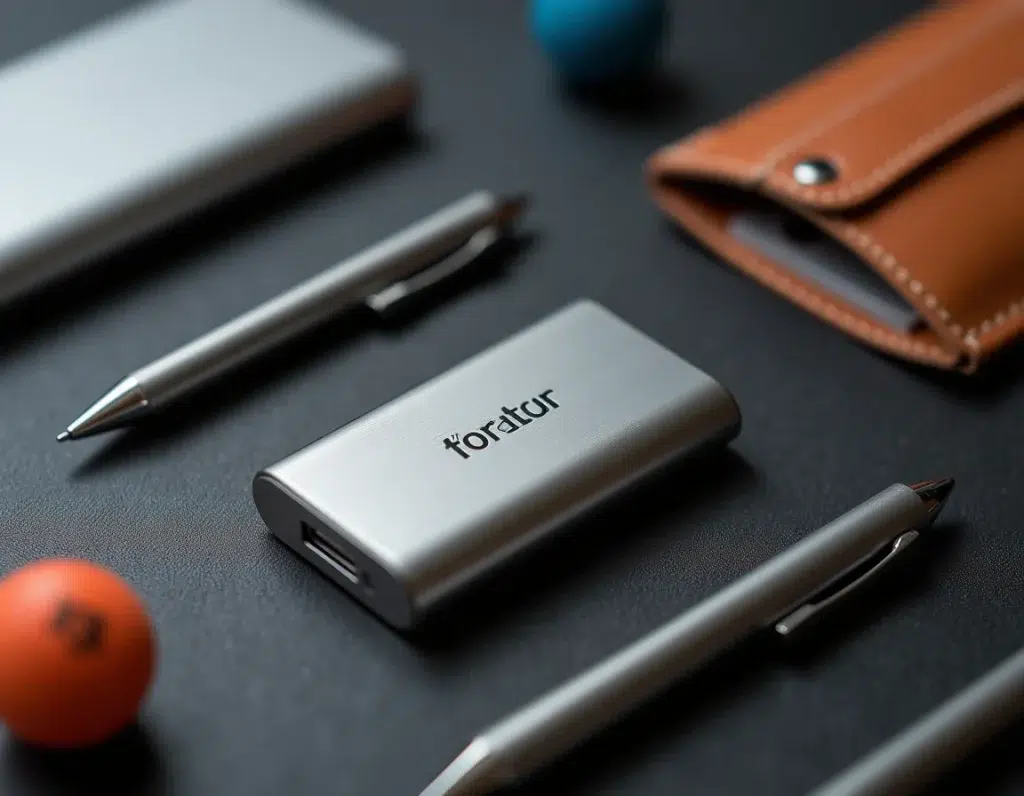 Gros plan sur des objets publicitaires haut de gamme pour le bureau incluant stylo métal, chargeur sans fil et porte-cartes cuir personnalisés