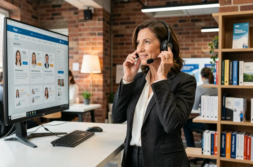 Consultante en recrutement Hays travaillant dans un open space moderne à Paris