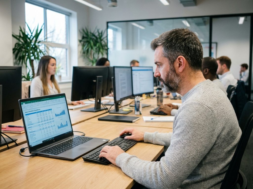 Homme calculant le salaire net au SMIC sur ordinateur portable en open space