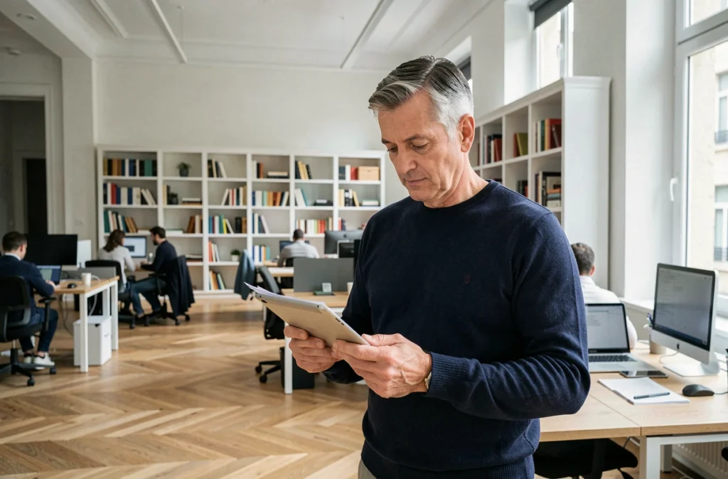 Homme debout à un bureau dans un coworking moderne aménagé dans un bâtiment rénové à Arles