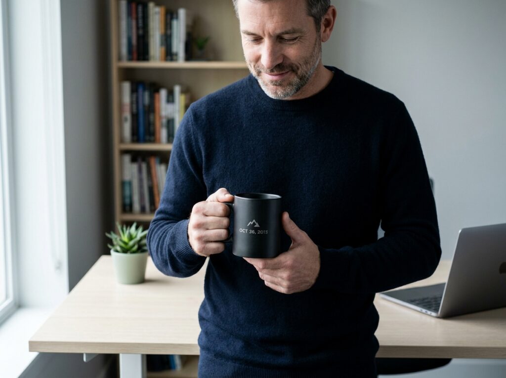 Homme en pull marine tenant un mug personnalisé gravé dans un bureau minimaliste moderne
