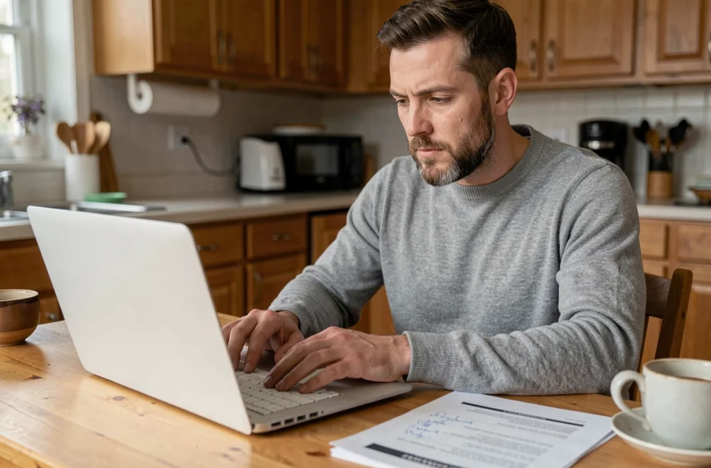 Homme répondant à un questionnaire en ligne avec zone de commentaire verbatim depuis son domicile