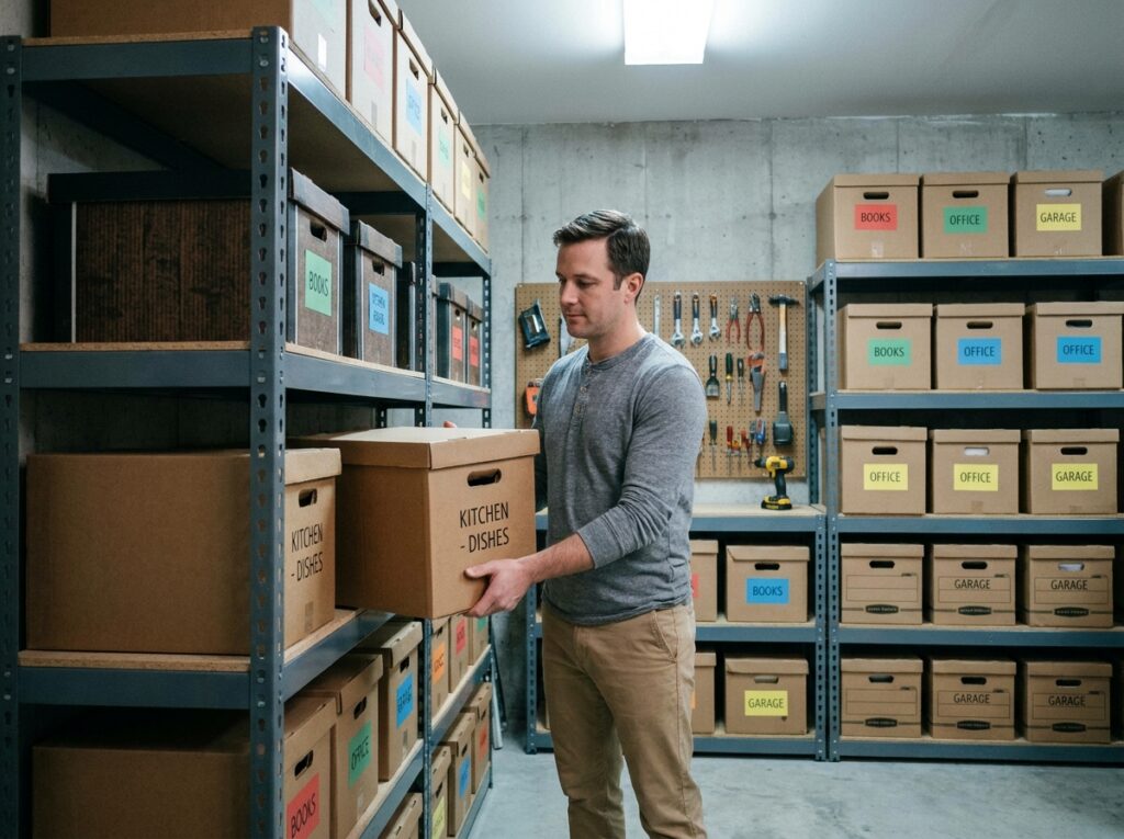 Homme rangeant des cartons étiquetés sur des étagères métalliques dans une pièce de stockage organisée