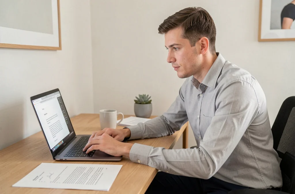 Jeune professionnel rédigeant une lettre de remerciements par email sur un ordinateur portable dans un bureau à domicile minimaliste