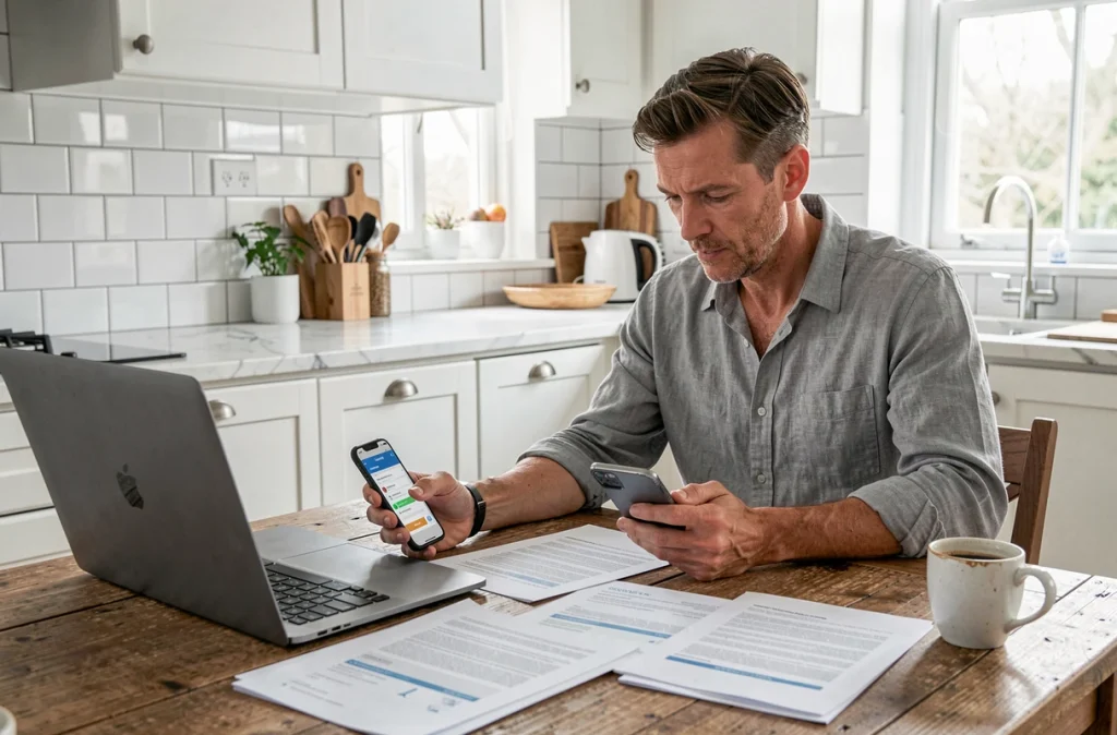 Homme consultant son application bancaire en ligne et des documents papier pour identifier un paiement inconnu