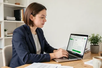 Indépendante consultant son compte Urssaf en ligne sur un ordinateur portable dans un bureau à domicile