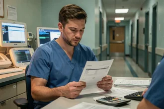 Infirmier de nuit consultant sa fiche de paie à l'hôpital pour comprendre sa rémunération des heures nocturnes