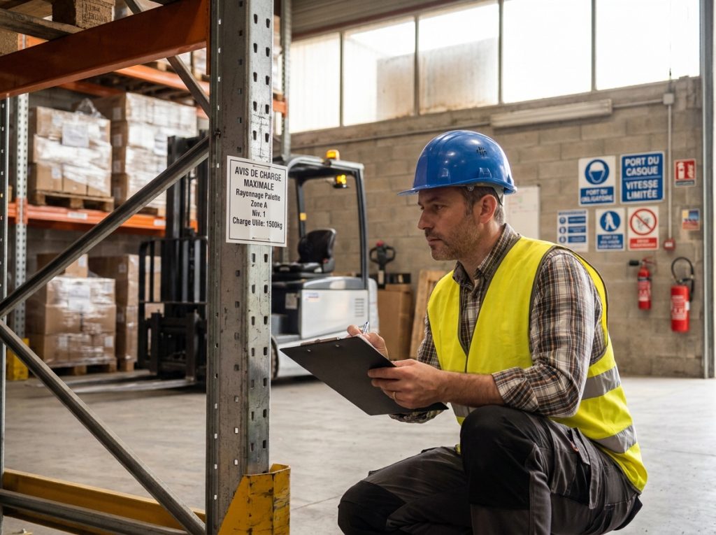 Responsable logistique inspectant la conformité d'un rack à palettes dans un dépôt du Sud-Ouest de la France, carnet de contrôle en main