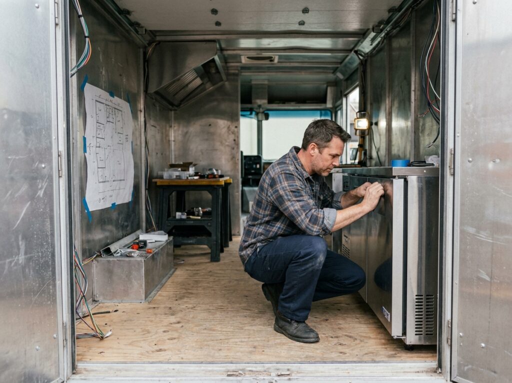 Homme installant un réfrigérateur sous-comptoir dans un food truck en cours d'aménagement avec plan au sol visible