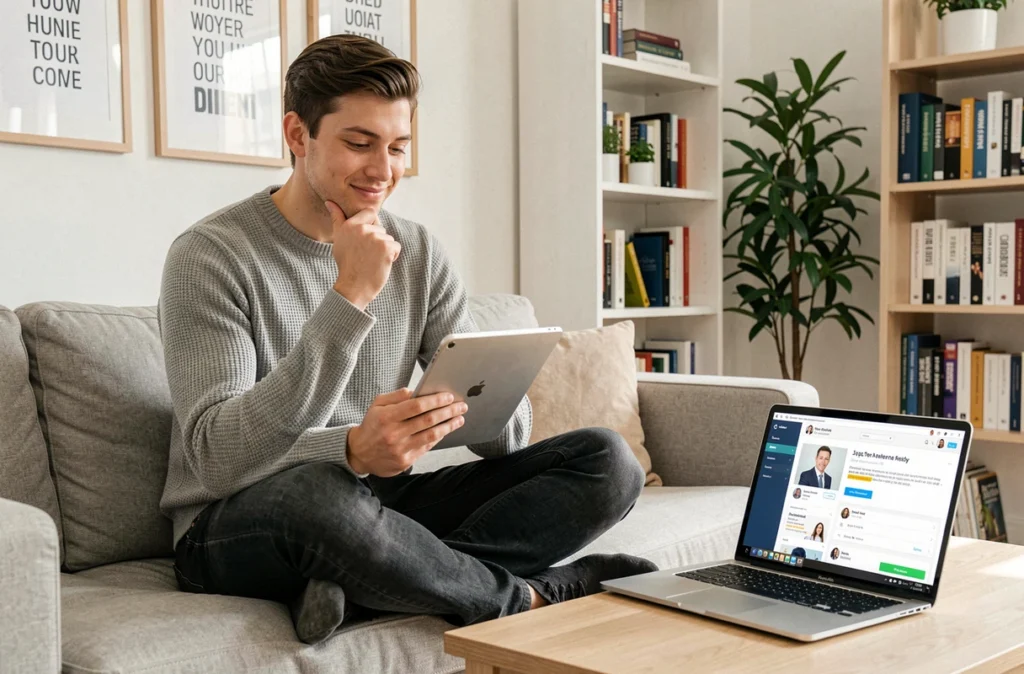 Jeune homme consultant des offres d'emploi sur tablette et réseaux sociaux professionnels depuis son bureau à domicile