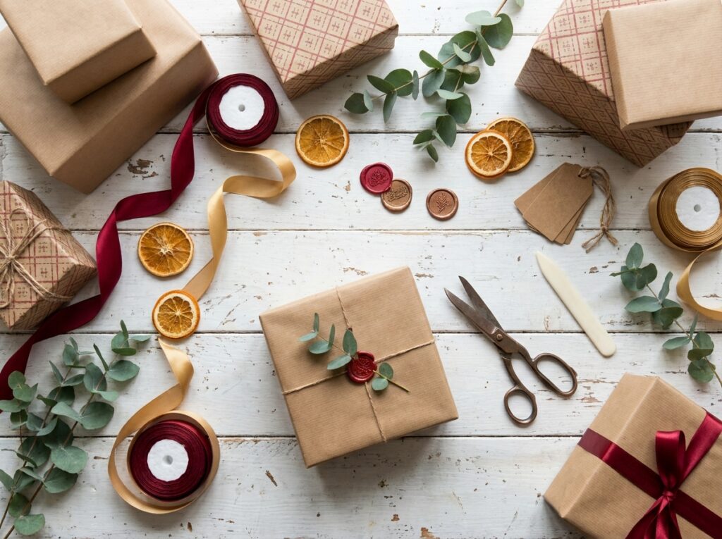 Vue aérienne des matériaux d'emballage cadeau festifs disposés sur une table en boutique