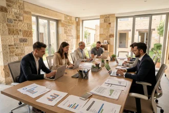 Bureau d'experts-comptables professionnels dans le Gard avec équipe en réunion autour de documents financiers
