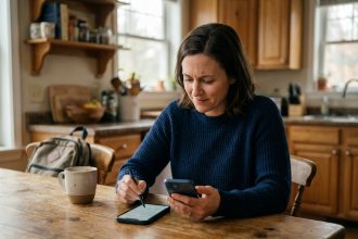 Mère signant une autorisation parentale en ligne sur smartphone depuis sa cuisine le matin avant l'école