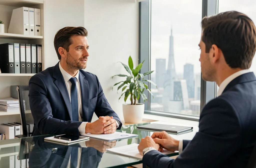 Recruteur de Michael Page en entretien avec un candidat dans un bureau professionnel parisien