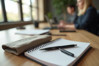 Objets publicitaires de bureau disposés sur un bureau en bois clair avec stylo logo, carnet personnalisé et tote bag brandé