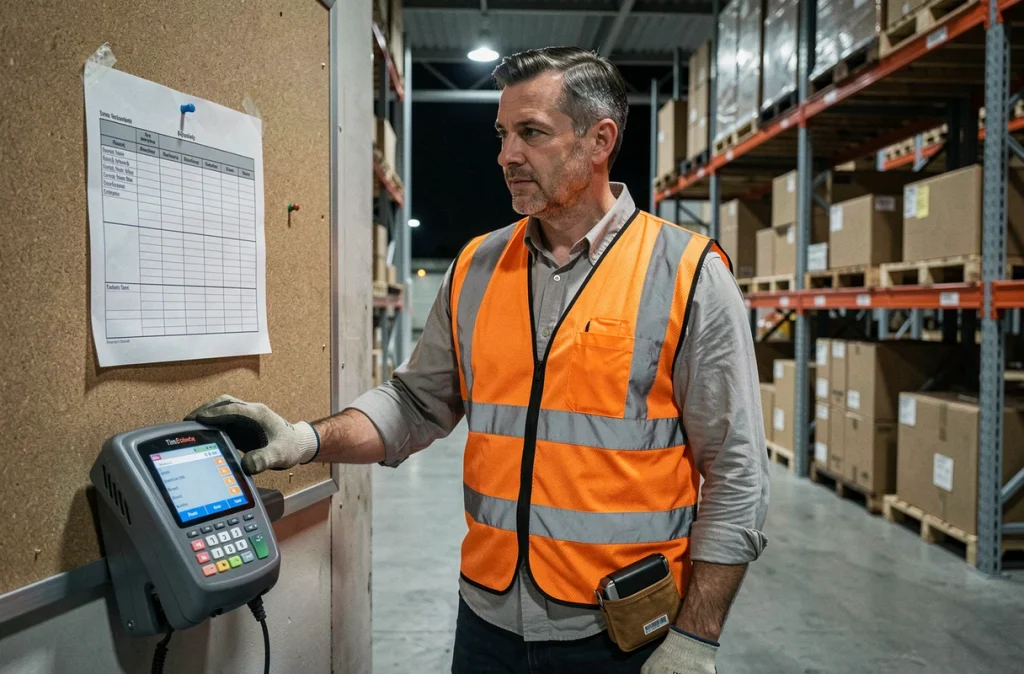 Ouvrier logistique de nuit consultant ses horaires dans un entrepôt pour estimer ses heures supplémentaires nocturnes