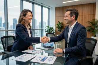 Deux partenaires commerciaux B2B se serrant la main dans un bureau moderne, symbolisant un accord de croissance commerciale