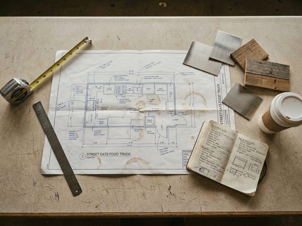 Vue aérienne d'un plan d'aménagement de food truck avec matériaux, mètre ruban et notes manuscrites sur un comptoir de travail