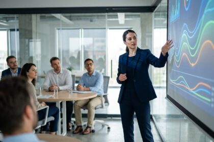 Femme présentatrice utilisant le motion design lors d'une présentation d'entreprise en salle de conférence